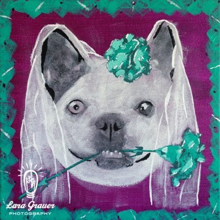 white bull dog on a purple canvas in a wedding veil