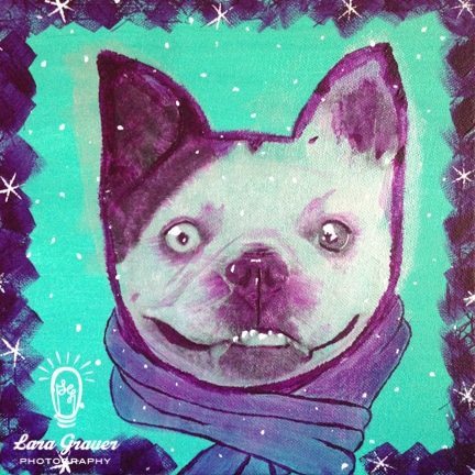 white bull dog on a blue canvas wearing a scarf