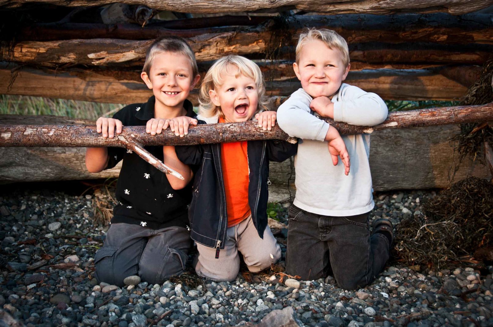portrait of three kid brothers in a log fort at the beach