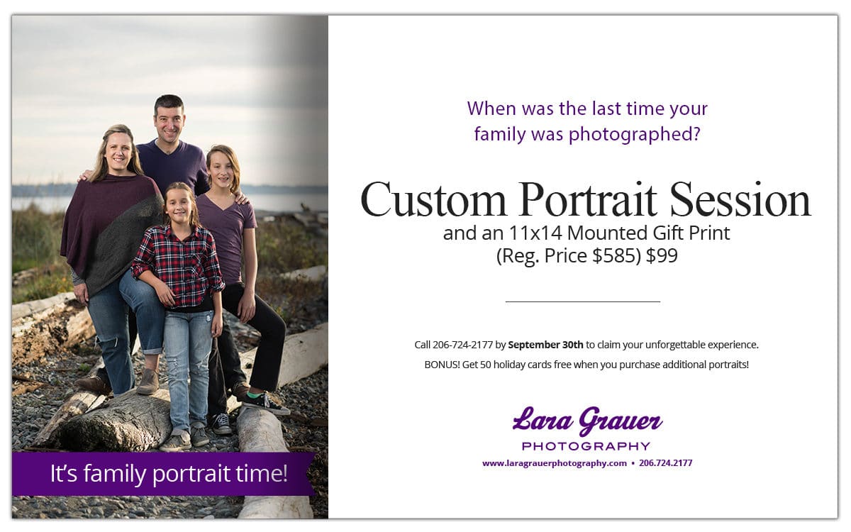 family portrait next to text about a coupon with lara grauer photography logo