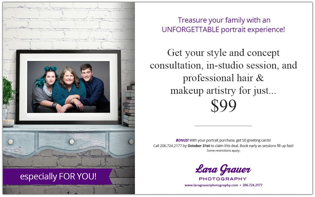 daughter, mother, son family portrait, text reads, $99 special family portrait offer lara grauer photography