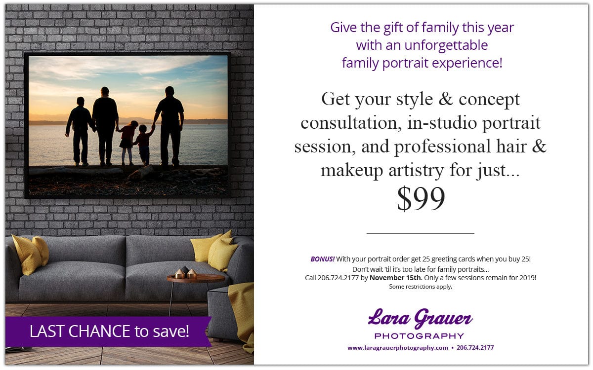 family portrait hanging on a brick wall over a sofa. text highlights a special offer for $99 family portraits.
