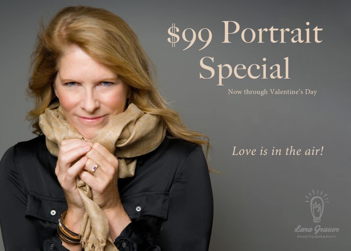women wearing a black blouse and holding a tan scarf around her neck with text that reads $99 portrait special with lara grauer photography logo