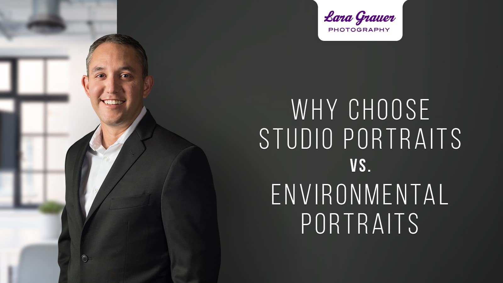 man in black suit in front of black wall with text saying why choose studio portraits vs environmental portraits.