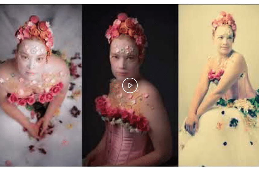 Woman model in three different poses during a Seattle photoshoot. Wearing a flowered white dress with flower sprinkles on face and upper torso.