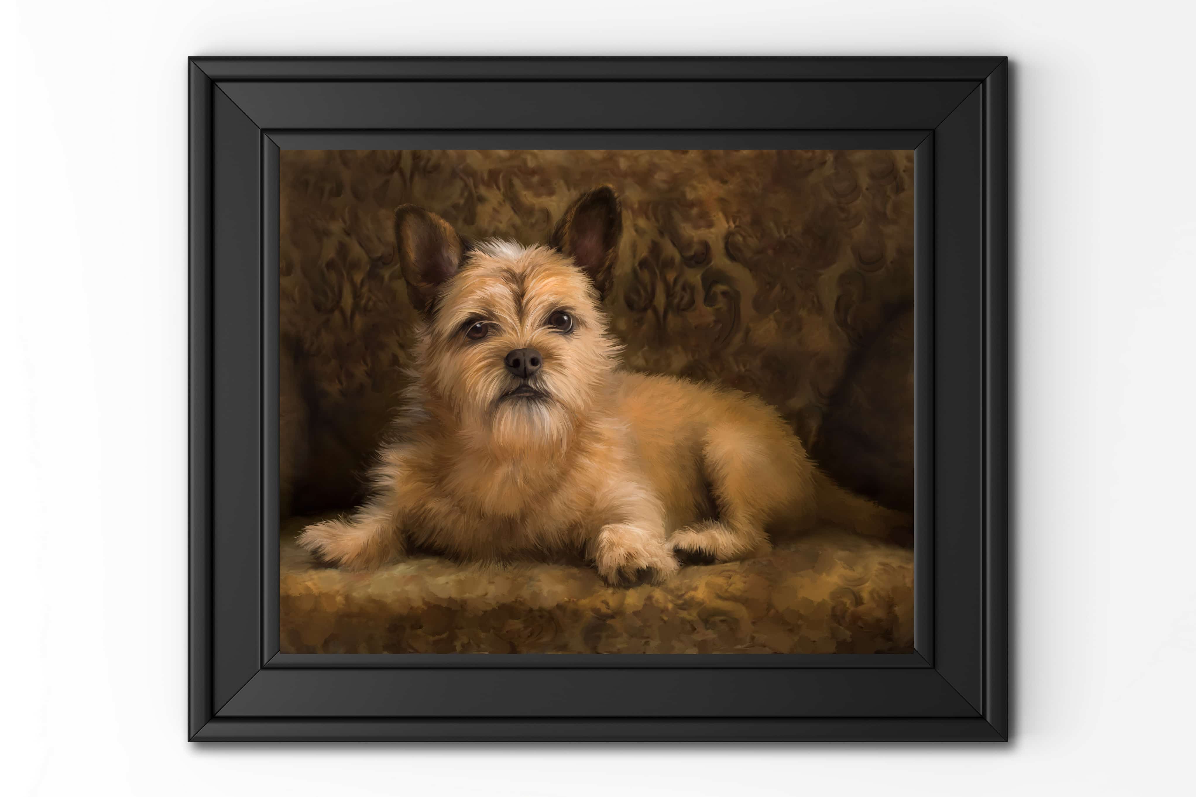 Framed painted portrait of a light brown dog