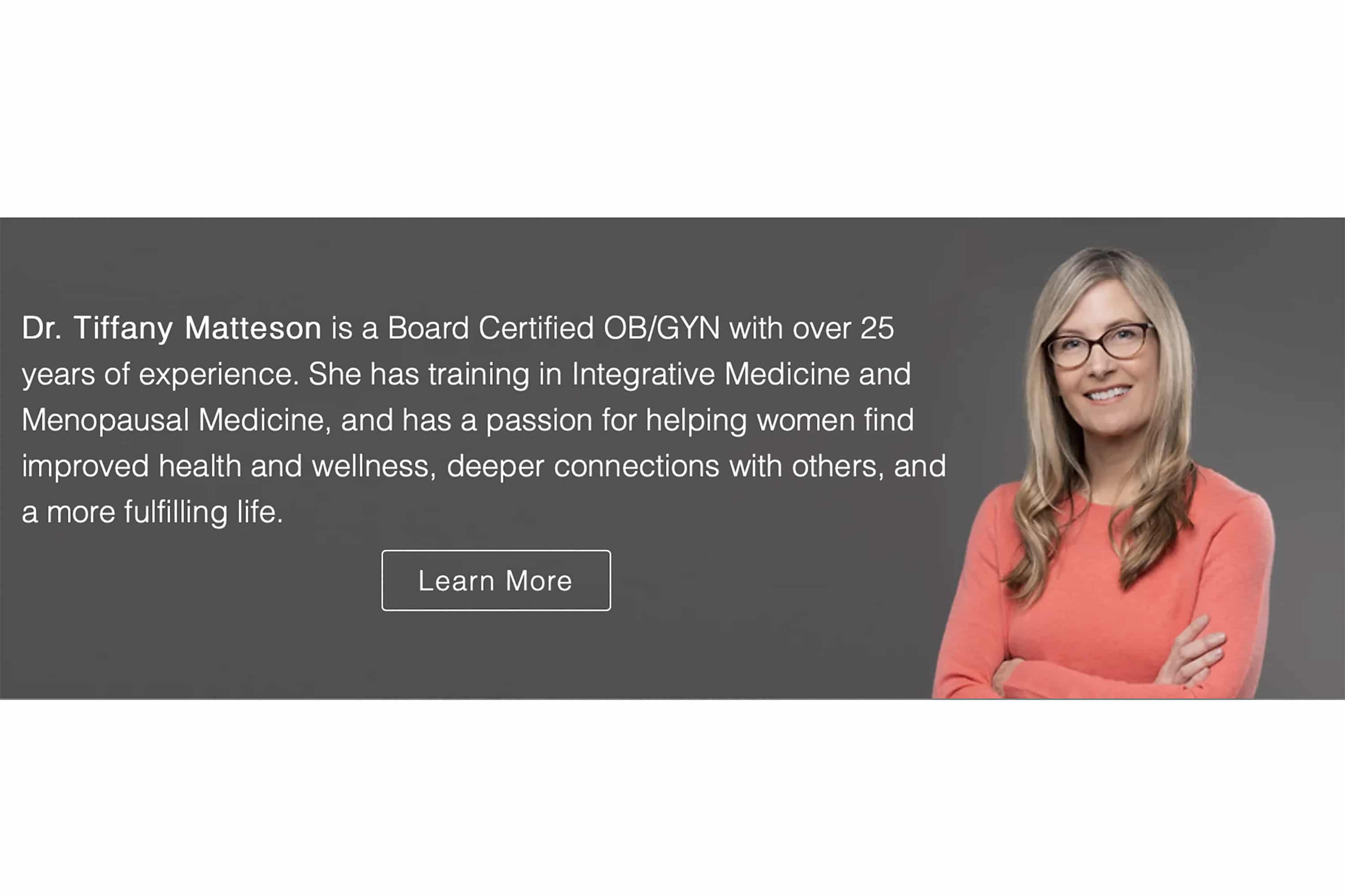 Headshot of a doctor smiling being used a banner on a professional website.