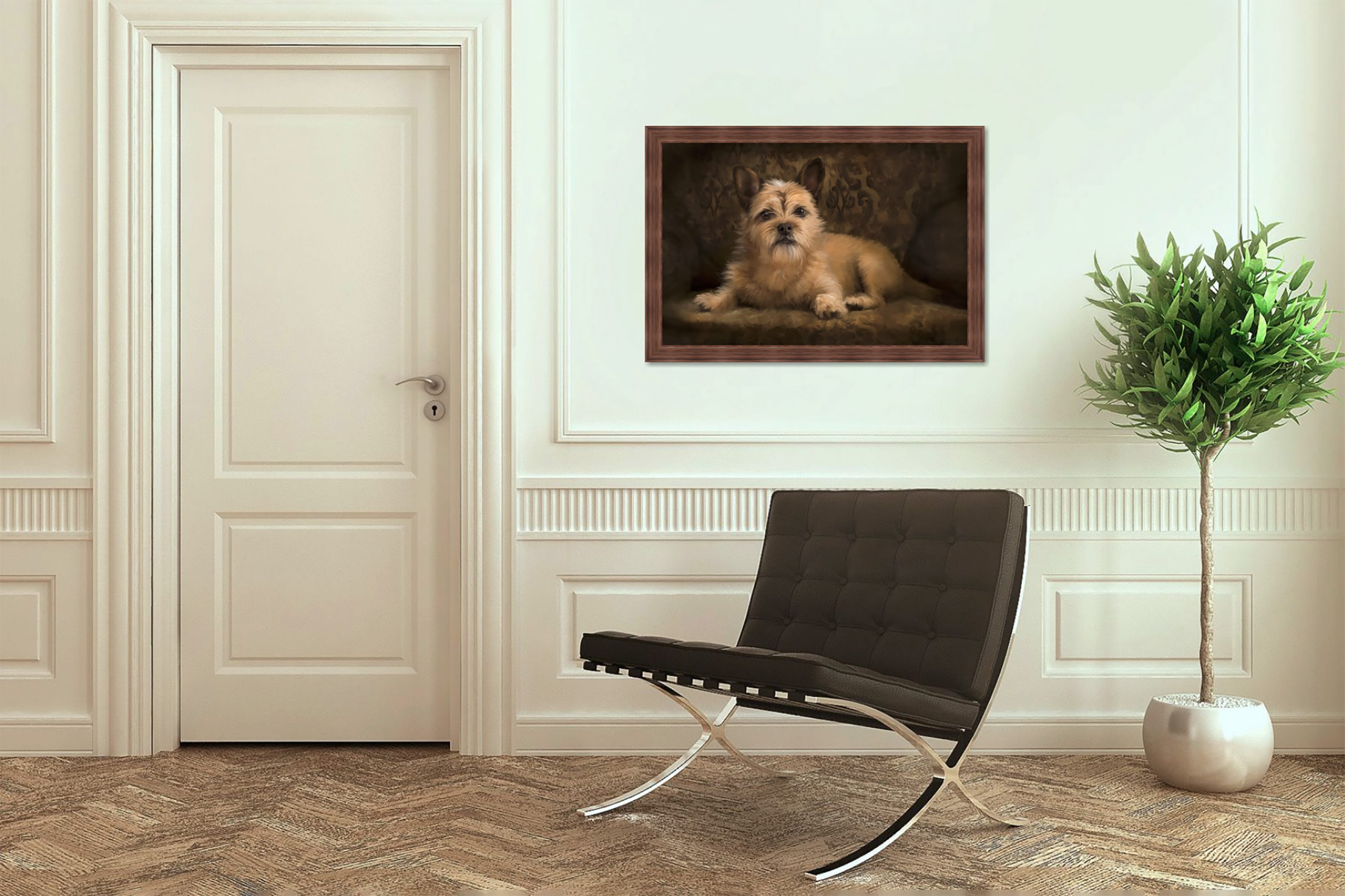 Framed painted portrait of a light brown dog hanging up on a wall