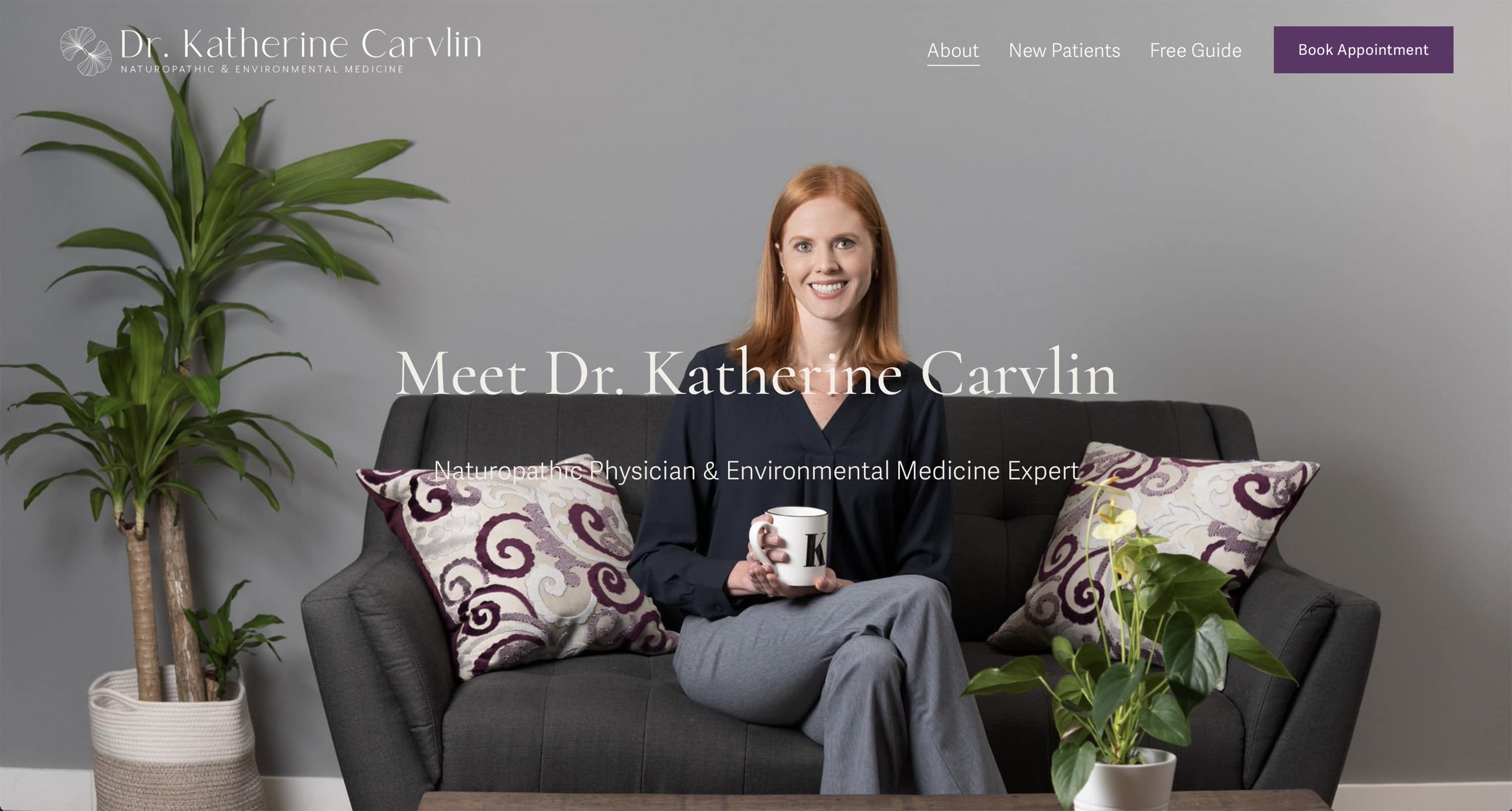 Photo of a doctor on couch used as a banner image on a professional website.