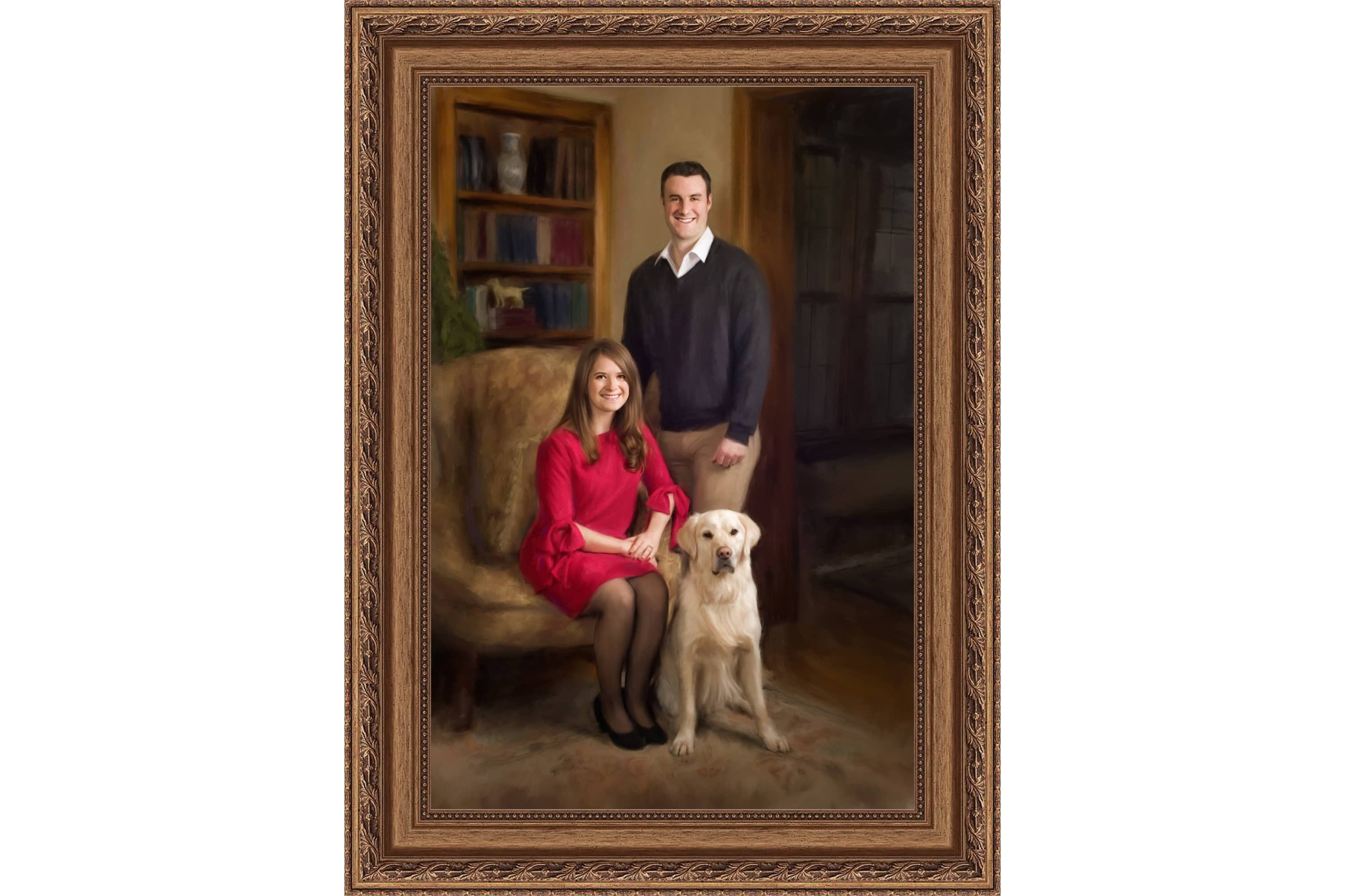 Framed portrait of a man, woman, and dog in the style of a painting