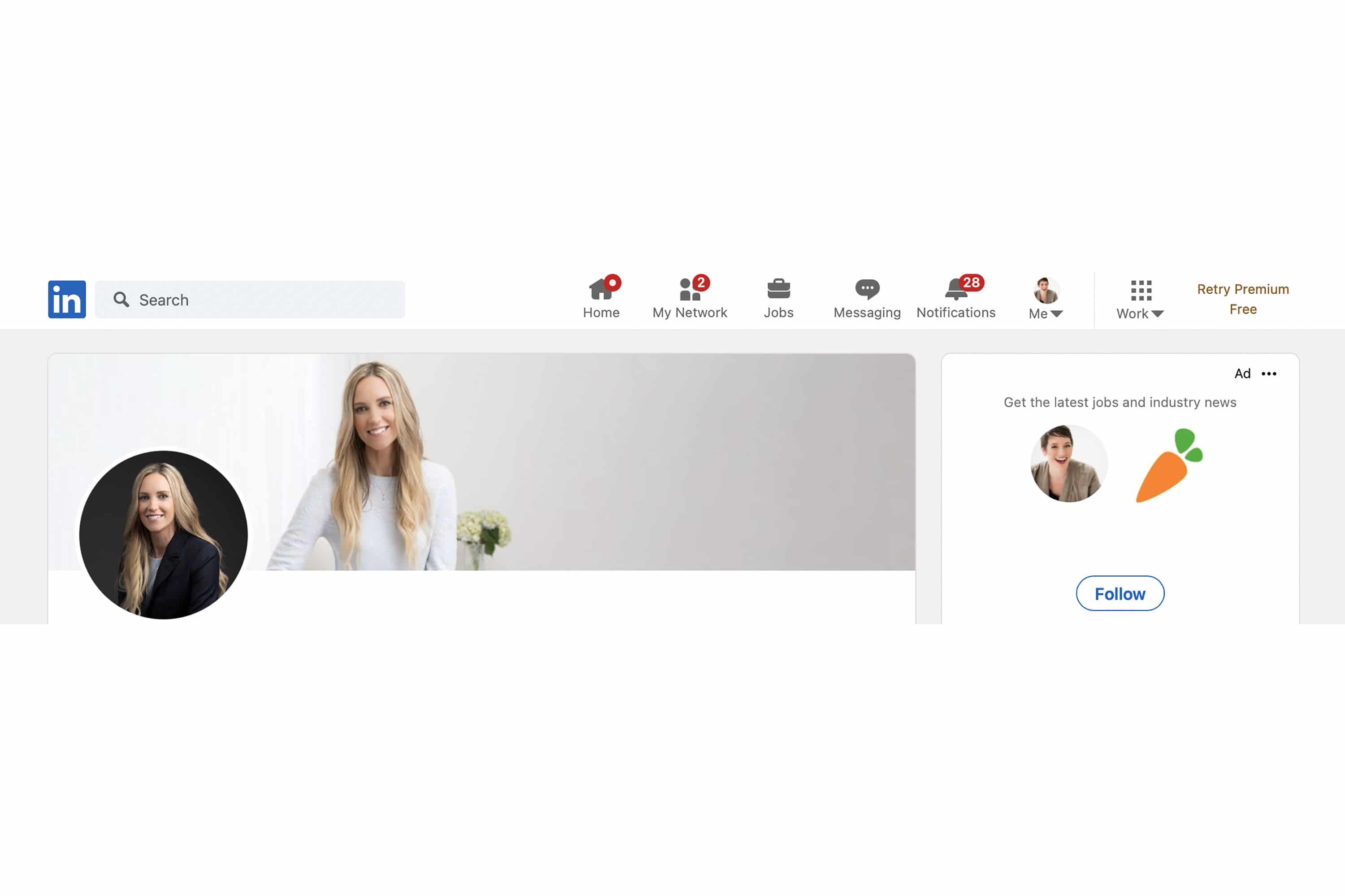 Photo showing portraits of a blonde women being used for a profile picture and banner on LinkedIn website.