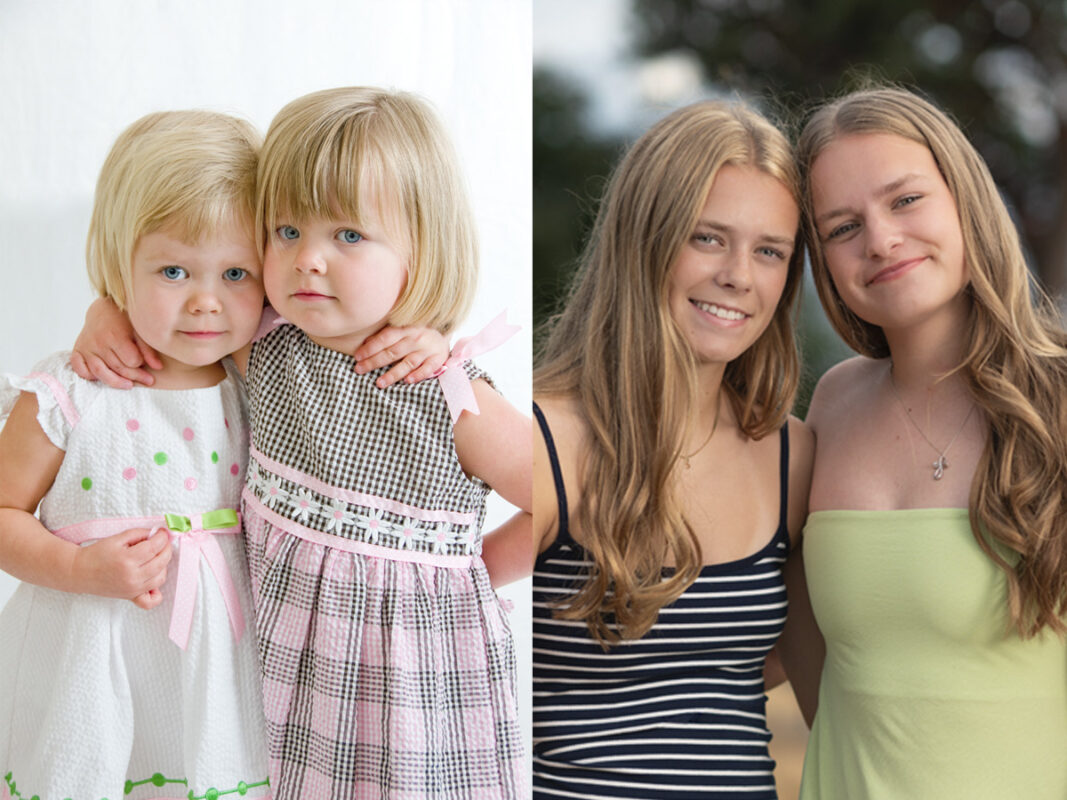 Twin girls shown as toddlers and as high school seniors