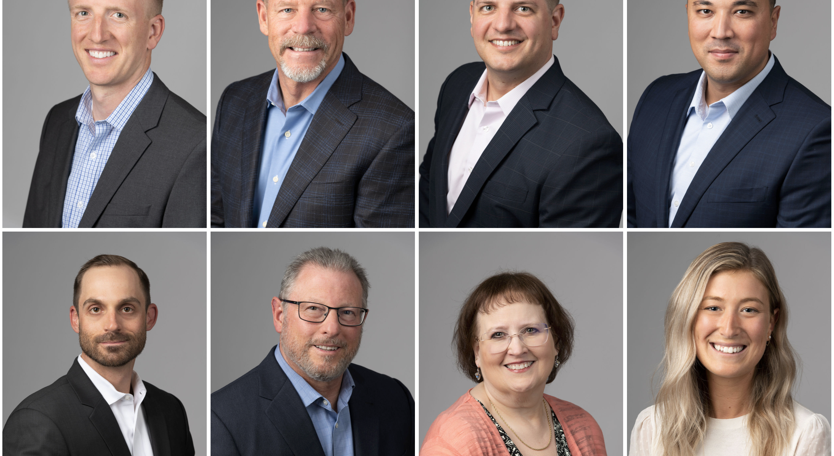 Eight corporate headshots in business attire 6 men in suit jackets without neck tie, two women headshots.